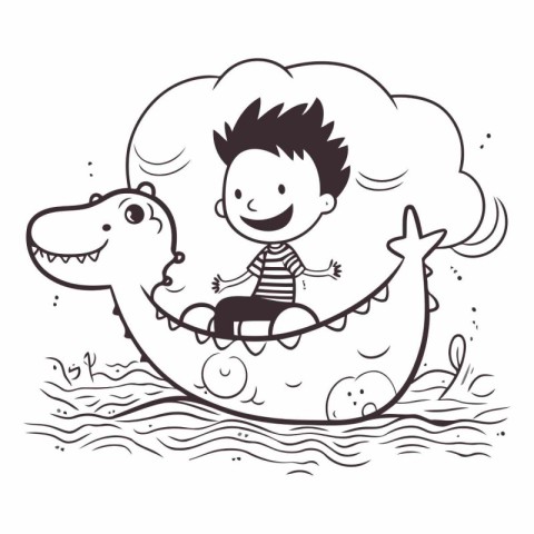 Cute cartoon boy riding a dragon boat in the sea.