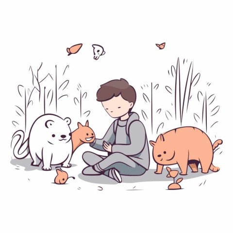 Little boy playing with cats in the park. Hand drawn vector illu