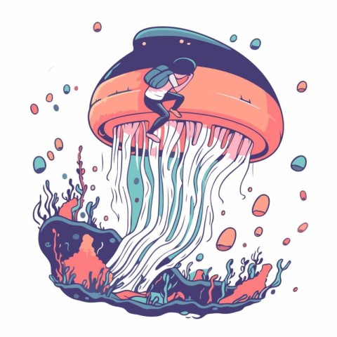 Cartoon jellyfish. Underwater world. Hand drawn vector illustrat