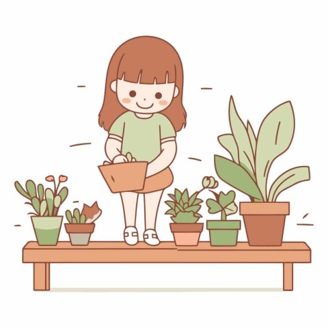 Cute little girl planting houseplants in cartoon style.