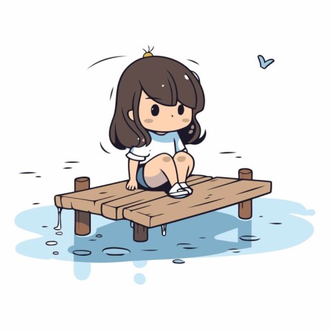 Cute little girl sitting on a wooden pier.