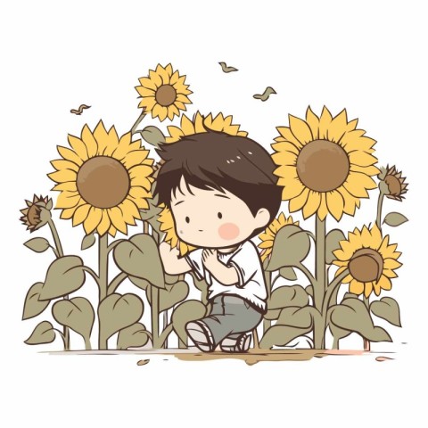 Boy in sunflower field. Cute cartoon style.