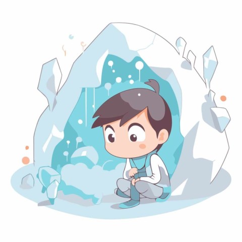 Little boy sitting on the ice in the mountains.