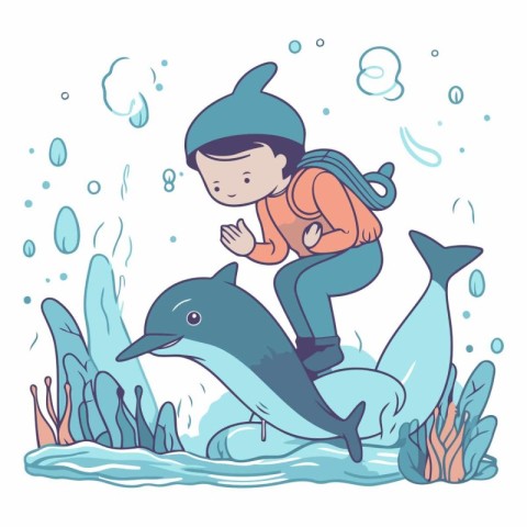 Vector illustration of a little boy riding a dolphin on the seas