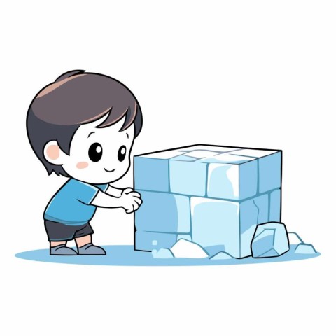 Boy building ice cube on white background of cartoon boy.