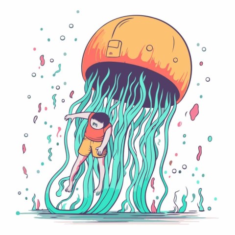 Jellyfish in the sea in a flat style.