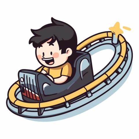 Boy sliding on a roller coaster isolated on white background.