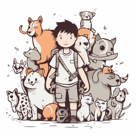 Vector illustration of a boy with a backpack and a group of anim