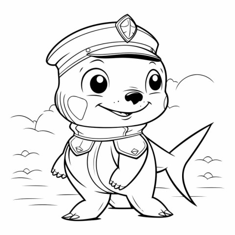 Black and White Cartoon Illustration of Cute Little Fish Sailor