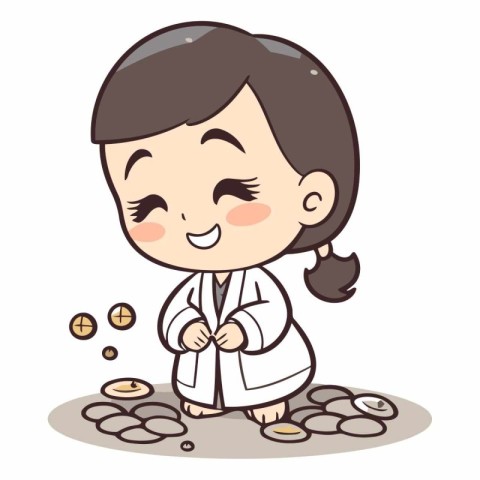 Cute little boy wearing kimono with coin cartoon vector illustra