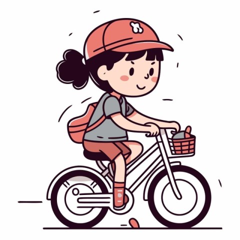 Cute little girl riding a bike in cartoon style.