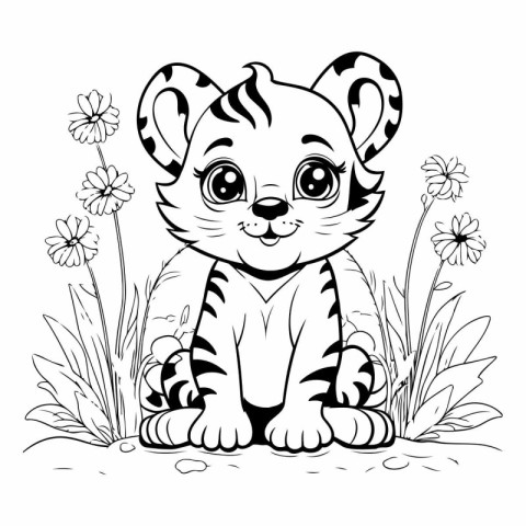 Cute cartoon tiger sitting in the grass with flowers. Black and