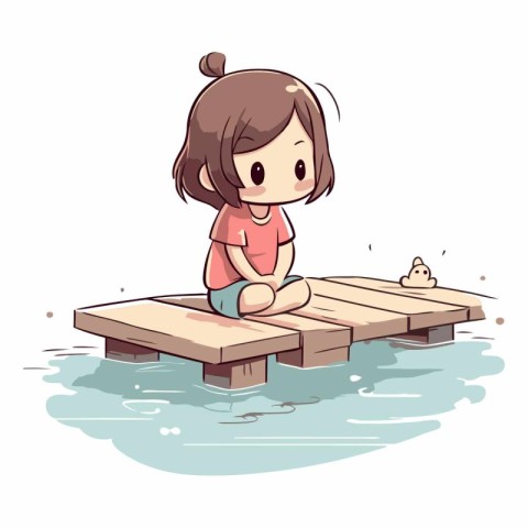 Girl sitting on the wooden pier and looking at the sea.