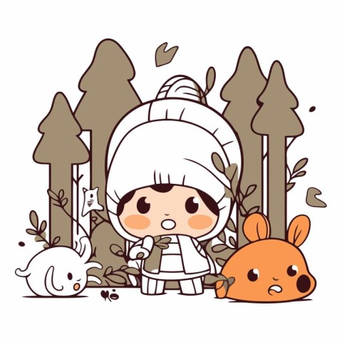 Cute cartoon girl in the forest with rabbit.