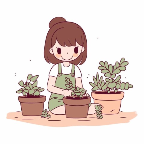 Cute girl planting succulents in pots.