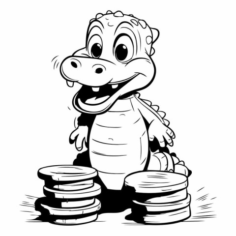 Cute Crocodile - Black and White Cartoon Illustration. Vector