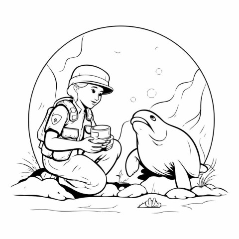 Black and white illustration of a fisherman holding a cup of cof