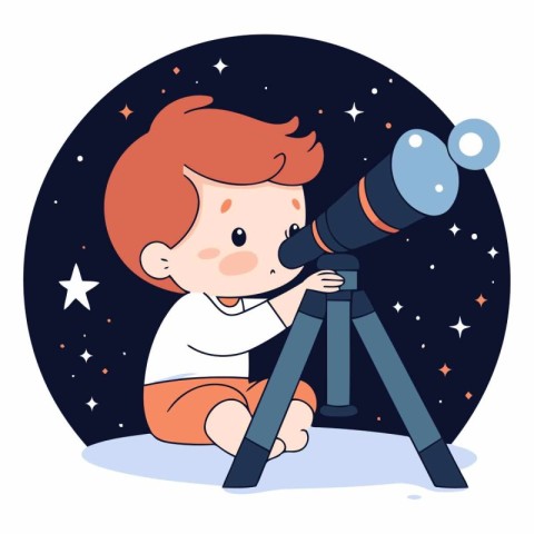 Cute boy looking through a telescope in cartoon style.