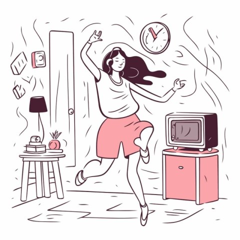 Happy woman dancing in the living room at home.