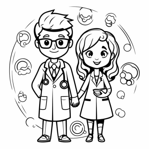 Black and White Cartoon Illustration of Doctor and Nurse Charact