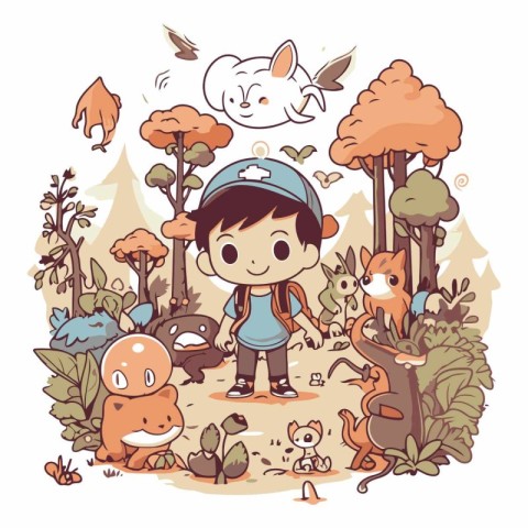 Vector illustration of a boy in the forest with different animal