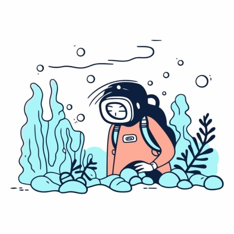 Astronaut in the deep sea in line art style.