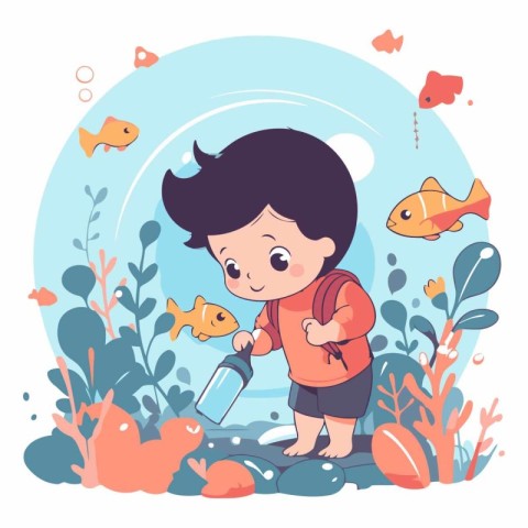 Cute little boy playing with fishes in the aquarium