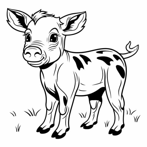 Black and white vector illustration of a calf standing on the gr