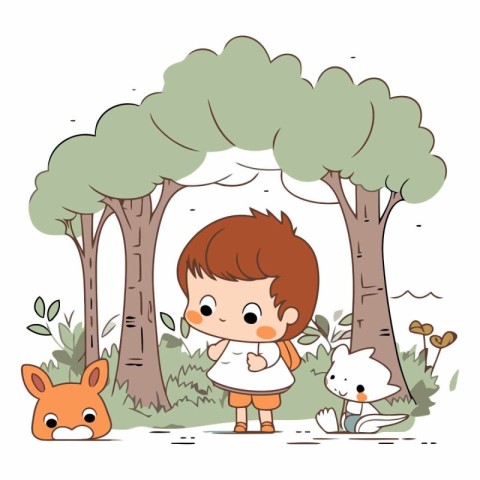 Little boy and fox in the forest. Cute cartoon vector illustrati