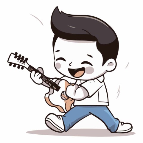 Illustration of a Kid Boy Playing an Electric Guitar and Smiling