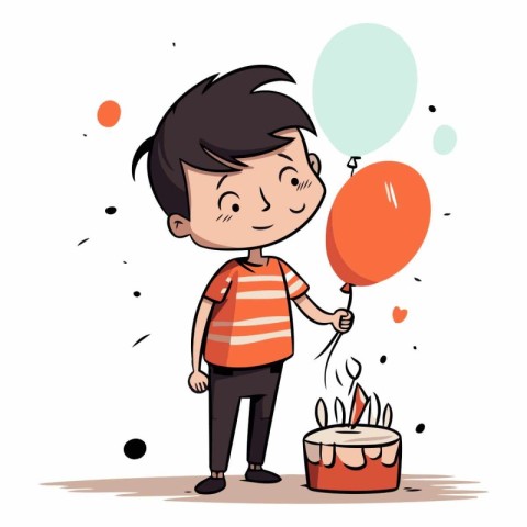 Cute boy holding a balloon and a cake.