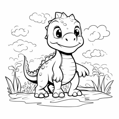 Coloring Page Outline Of Cute Dinosaur Vector Illustration.