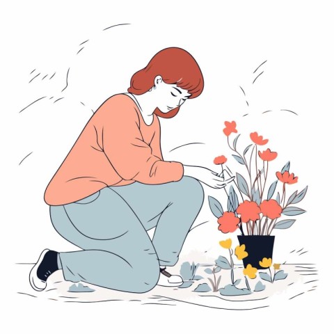 Woman planting flowers in a pot. Hand drawn vector illustration