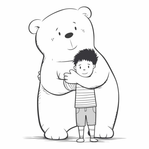 Little boy hugging a big polar bear. Hand drawn vector illustrat