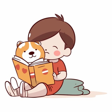 Cute boy reading a book with a dog.