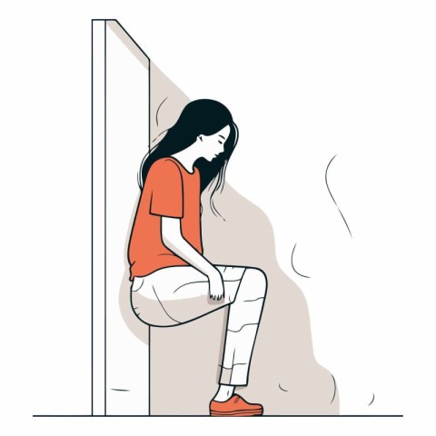 Woman sitting in the corner of the mirror in line art style.