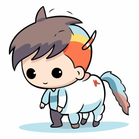 Cute little boy playing with a unicorn. Vector cartoon illustrat