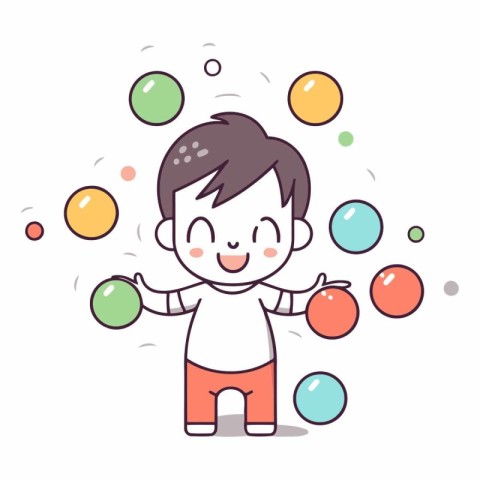 Cute boy playing with colorful balls in cartoon style.