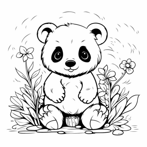 Cute panda sitting with flowers. Black and white vector illustra