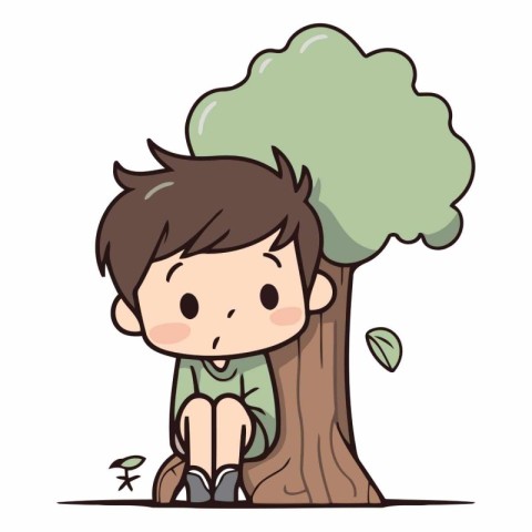 Boy sitting on tree and holding a tree. Vector cartoon illustrat