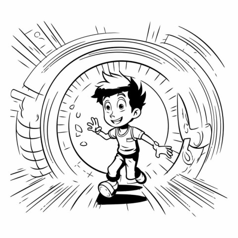 Black and White Cartoon Illustration of a Kid Boy Running in a C