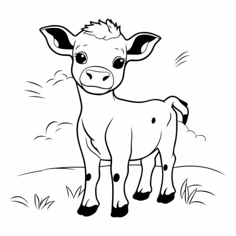 Black and white vector illustration of a cute little calf standi