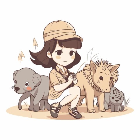 Cute girl in safari outfit with animals.