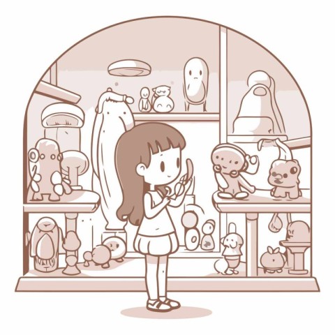 Girl and toys in the bathroom. Cartoon style.