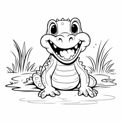 Cute crocodile sitting on the grass. Black and white vector illu