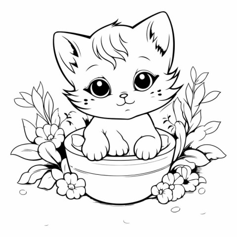 Cute kitten in a pot with flowers for coloring book.