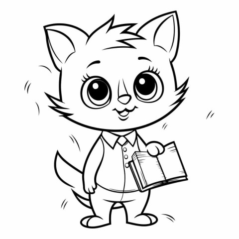 Black and White Cartoon Illustration of Cute Cat Student Charact