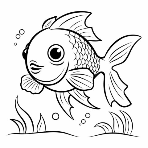 Black and White Cartoon Illustration of Cute Fish Animal Charact