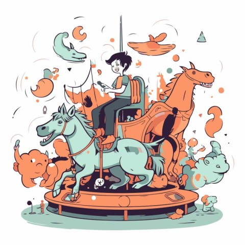 Vector illustration of a girl riding a horse in the amusement pa