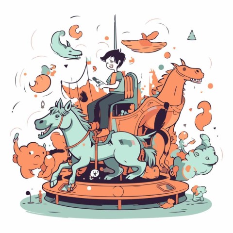 Vector illustration of a girl riding a horse in the amusement pa